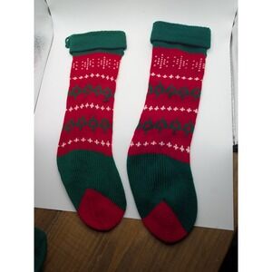 2 Vintage Christmas Stockings Red Green Knit Tree Pattern Holiday‎ Home Decor